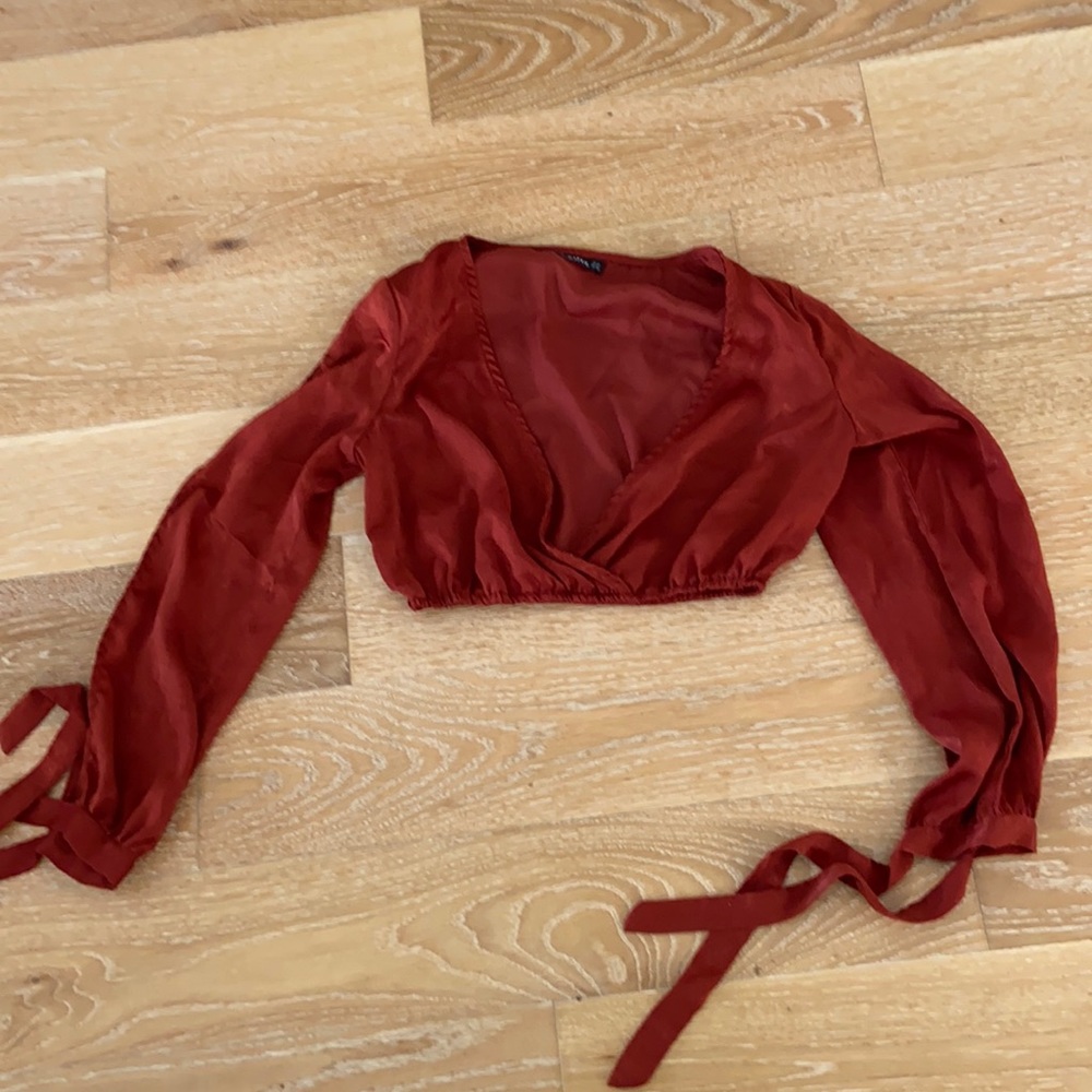 Satin Rust-Colored Crop Top w/ Open Arm Details